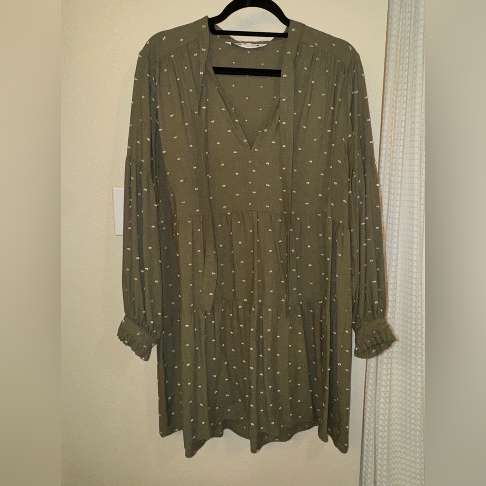 Zara Olive Green Long Sleeve Dress with embroidery